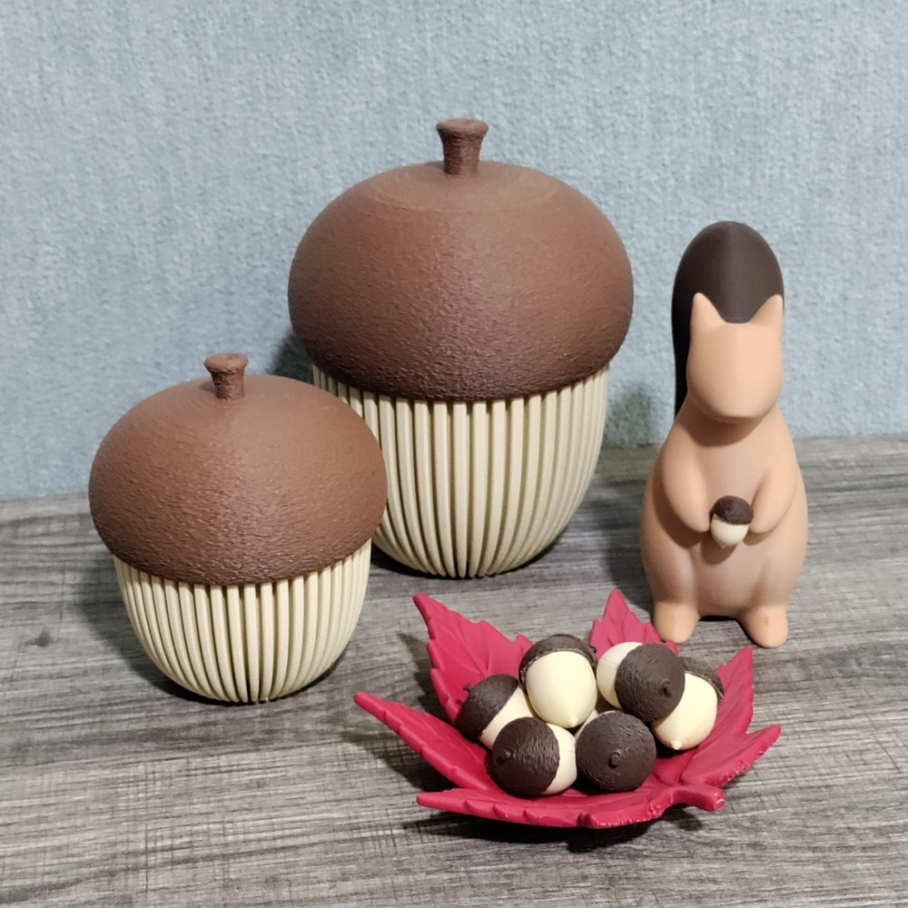 3D Printed Fall Acorn Storage Container Set Squirrel Autumn Decor PLA Tabletop